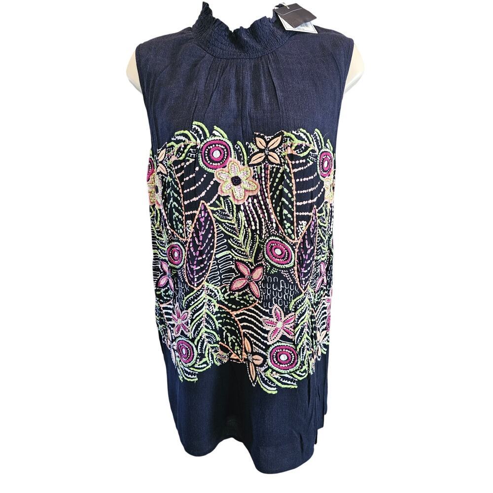 Kaari 2X Embroidered Tunic Top Blue Floral Palm Explosion Cruise Wear NWT casual